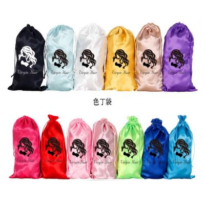 BIOSLLE  Customized Logo Wholesale Drawstring Gift Silk Satin Pouch Hair Extension Packaging Black Satin Bag 